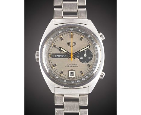 A GENTLEMAN'S STAINLESS STEEL HEUER CARRERA AUTOMATIC CHRONOGRAPH BRACELET WATCHCIRCA 1972, REF. 1553S WITH BRUSHED SILVER DI