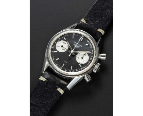 A RARE GENTLEMAN'S STAINLESS STEEL HEUER CARRERA CHRONOGRAPH WRIST WATCHCIRCA 1969, REF. 7753NST WITH "REVERSE PANDA" DIALMov