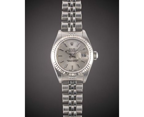 A LADIES STEEL & WHITE GOLD ROLEX OYSTER PERPETUAL DATEJUST BRACELET WATCHDATED 2004, REF. 79174 WITH SILVER DIAL, ACCOMPANIE