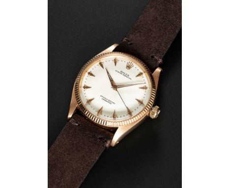 A RARE GENTLEMAN'S 18K SOLID ROSE GOLD ROLEX OYSTER PERPETUAL WRIST WATCHCIRCA 1955, REF. 6567 SILVER "OCC" DIAL WITH "KITE" 