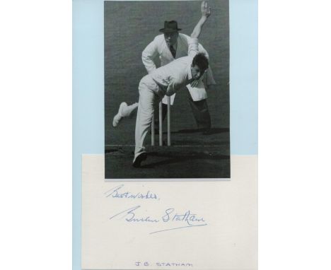 Cricket. Brian Statham CBE Signed Autograph Card with Black and White Photo attached to Light Blue Card. Measures 8 x 6 inche