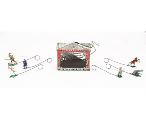 Theatre: An early 20th century, tin toy doll's house puppet theatre, with six figures upon metal rods. Measurement of theatre