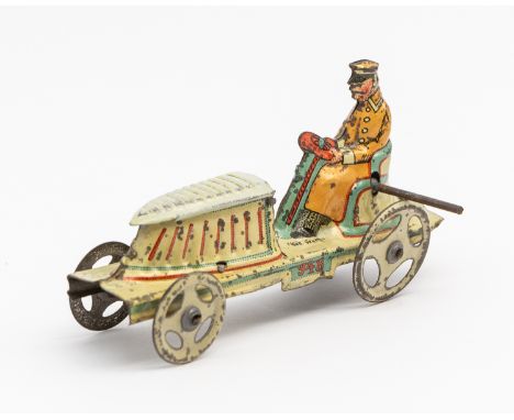 Meier: An early 20th century, lithographed tinplate penny toy open car. Made in Germany, by Meier. Marked on the underside of