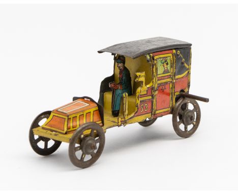 Tinplate: An early 20th century, lithographed tinplate penny toy taxi / 'For Hire' car, friction driven. Made in Germany, mak
