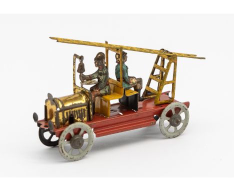 Meier: An early 20th century, lithographed tinplate penny toy fire engine. Made in Germany, by Meier. Stamped to the undersid