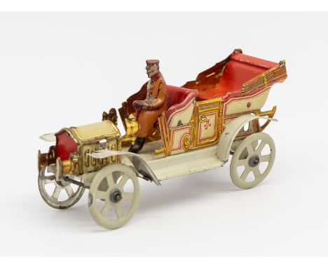 Meier: An early 20th century, lithographed tinplate penny toy touring car. Made in Germany, by Meier. Stamped JM. Circa 1910.