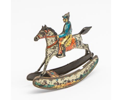 Meier: An early 20th century, lithographed tinplate penny toy rocking horse with jockey. Made in Germany, by Meier. Stamped. 