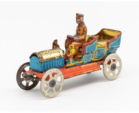 Meier: An early 20th century, lithographed tinplate penny toy open touring car. Made in Germany, by Meier. Stamped JM. Circa 