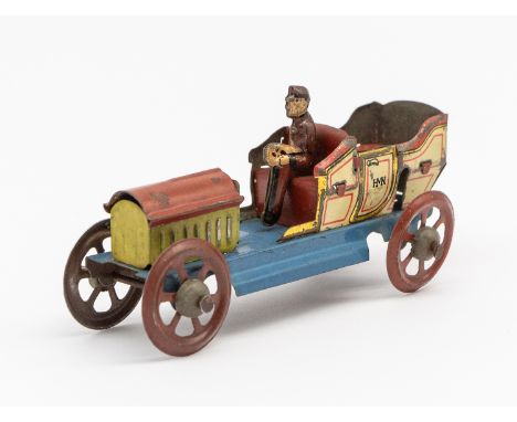 Tinplate: An early 20th century, lithographed tinplate penny toy motor car. Made in Germany, stamped HMN. Length approx. 3.25