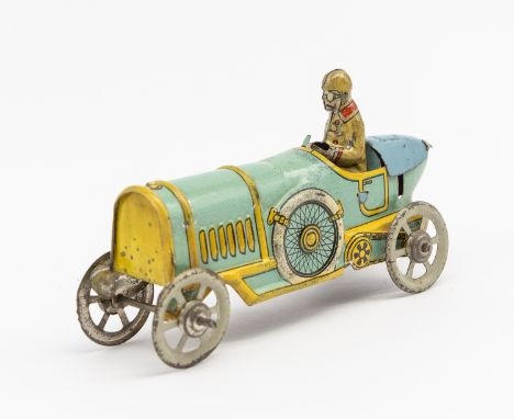 Meier: An early 20th century, lithographed tinplate penny toy race car. Made in Germany, by Meier. Marked on the underside of