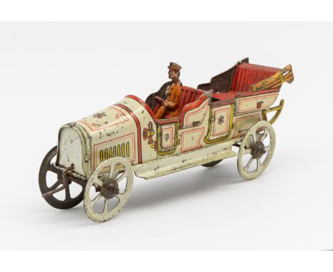 Georg Fischer: An early 20th century, lithographed tinplate penny toy touring car. Made in Germany, by Georg Fischer. Stamped
