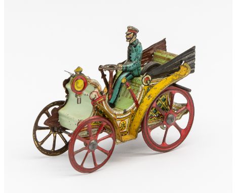 Meier: An early 20th century, lithographed tinplate penny toy motor car. Made in Germany, by Meier. Stamped JM. Circa 1910-20