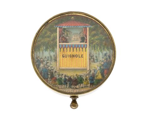 Miniature: An early 20th century, miniature puppet theatre in small case with lever action, 'Guignole'. Possibly French. Meas