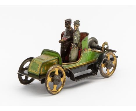 Georg Fischer: An early 20th century, lithographed tinplate penny toy car with friction driven wheel. Made in Germany, by Geo