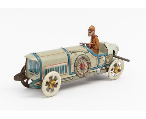 Tinplate: An early 20th century, lithographed tinplate penny toy racing car. Made in Germany, maker possibly Meier although u