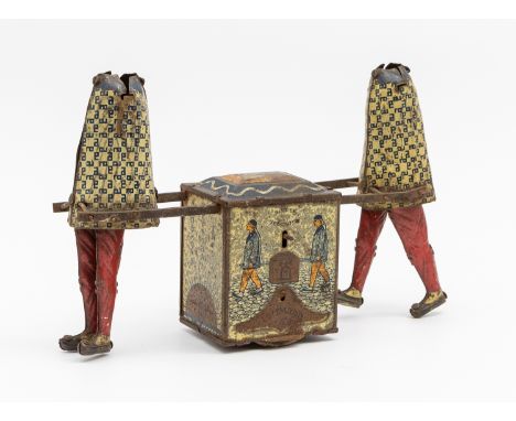 Lehmann: An early 20th century, lithographed tinplate Tea Caddy, comprising two standing figures, carrying a clockwork mechan
