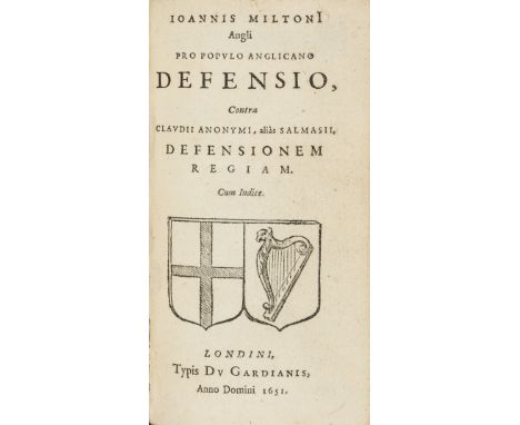 Milton (John) Pro Populo Anglicano Defensio, first edition, woodcut armorial device on title, [Wing M2166], typis Du Gardiani