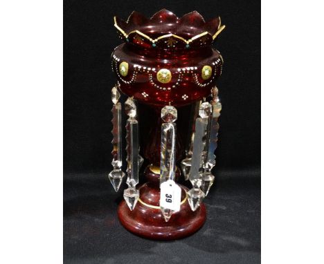     A Circular Based Ruby Glass Drop Lustre Vase, 13" High                          