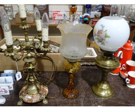     A Brass Based Oil Lamp, Together With A Five Branch Table Lamp Etc (3)          