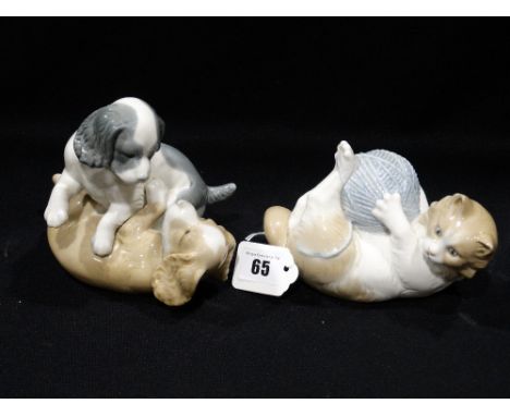     Two Nao Porcelain Groups Of Puppies &amp; Kitten                                    