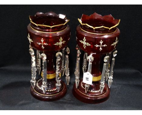     A Pair Of Circular Based Ruby Glass Tinted Drop Lustre Vases, 11" High          
