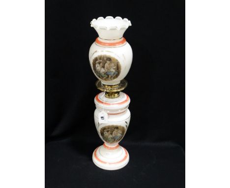     A Victorian Milk Glass &amp; Transfer Decorated Oil Lamp &amp; Shade                    