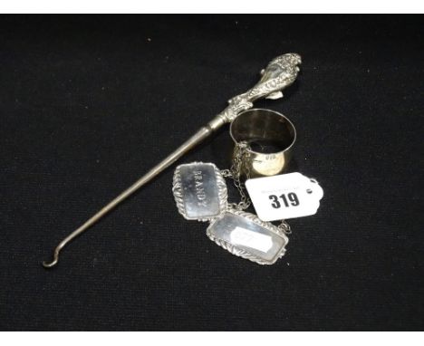     A Silver Serviette Ring, Together With Two Decanter Labels &amp; A Button Hook      