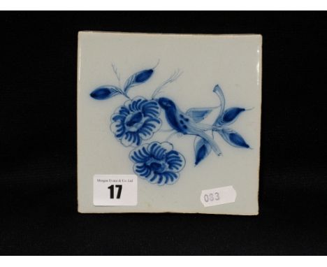     An Early 20th Century Dutch Delft Decorated Tile, Depicting Bird On Blossom, Hatchet Mark, 5" X 5"                       