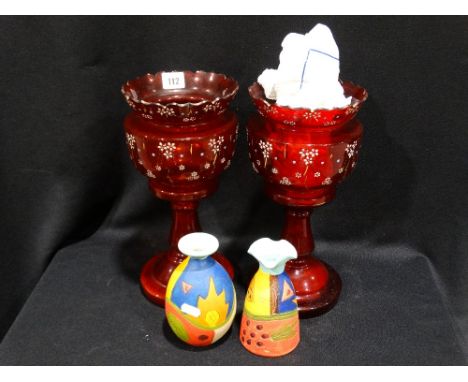     A Pair Of Ruby Tinted Glass Drop Lustre Vases Etc, 12" High                     