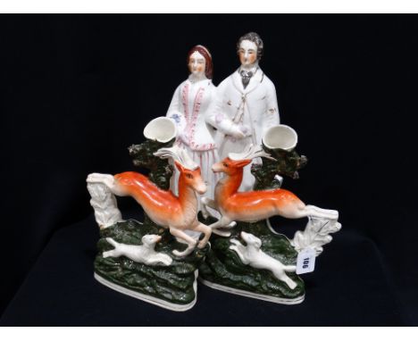     A Staffordshire Pottery Portrait Group Of Prince &amp; Princess, Together With A Pair Of Stag &amp; Hound Spillholder Vas