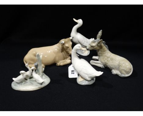     A Nao Porcelain Seated Cow Group, Together With A Similar Donkey &amp; Three Geese (5)                                   