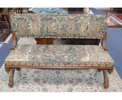 A19th century French walnut tapestry-upholstered Gothic bench, the tapestry 17th / 18th century W.140cm