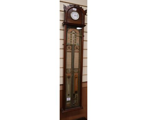 A Victorian Admiral Fitzroy's barometer, in carved arched walnut case with printed paper scales and timepiece to pediment H.1