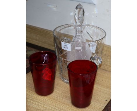 Two Whitefriars optic design ruby tumbler vases, a heavy lead crystal ice bucket and a cut glass decanter and stopper