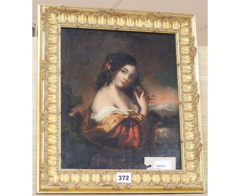 Continental School (19th century), oil on canvas, half-length portrait of a young woman, 31 x 26cm, gilt frame