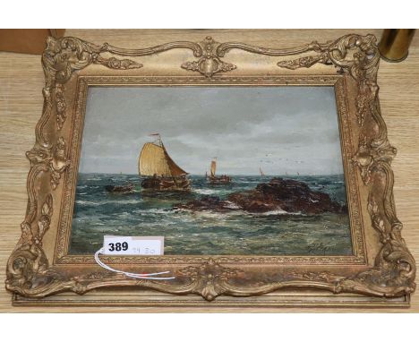 R. Wane, oil on mill board, Fishing boats along the coast, signed, 23 x 32cm