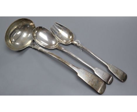 A pair of William IV silver fiddle pattern salad servers, London 1836, Mary Chawner and a similar Irish George IV soup ladle 