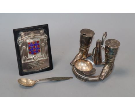A silver football plaque, a WMF spoon and novelty plated hunting cruet