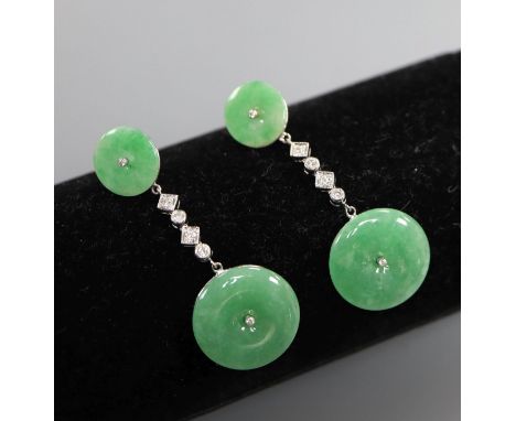 A pair of white gold diamond and jade drop earrings, 5cm
