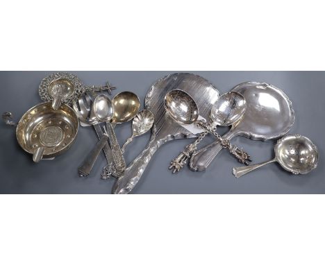 A Georg Jensen sterling silver Pyramid pattern serving spoon, a similar fork (marked for Jens Sigsgaard) and sundry items com