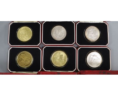 The Royal Family Cameo Collection by John Pinches (six silver portrait ingots), an 1890 crown and five silver dollars, 19th c