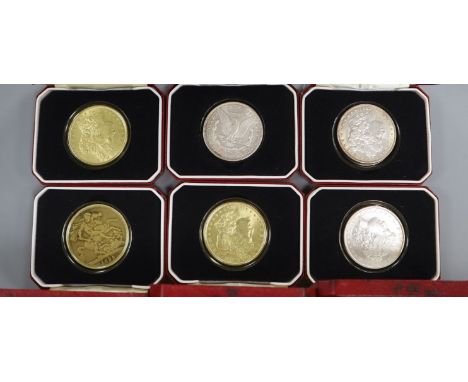 The Royal Family Cameo Collection by John Pinches (six silver portrait ingots), an 1890 crown and five silver dollars, 19th c