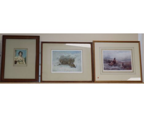 After Archibald Thorburn, five colour prints, and a small portrait of a lady, largest 30 x 40cm
