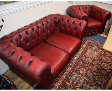 A Chesterfield sofa and chair Sofa W.153cm, Chair W.103cm