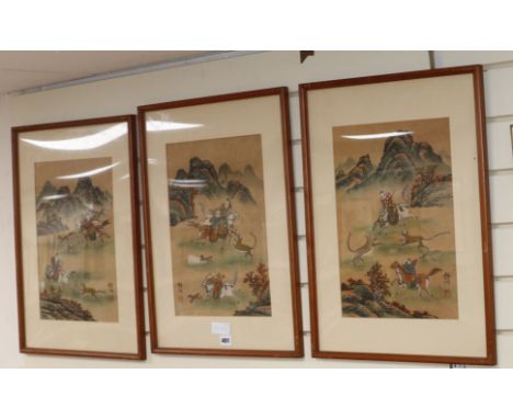 Chinese School, three coloured prints, Tiger hunting scenes, 38 x 26cm
