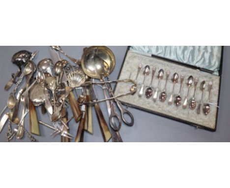 A Dutch silver ladle and a collection of Dutch, Scandinavian and other 830 standard silver and plated flatware, including a c