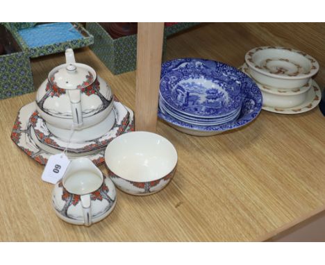 An Orange Tree Crown Ducal teapot, cream jug and sugar bowl and three plates, Spode Italian fruit set and Bunnykins plate and