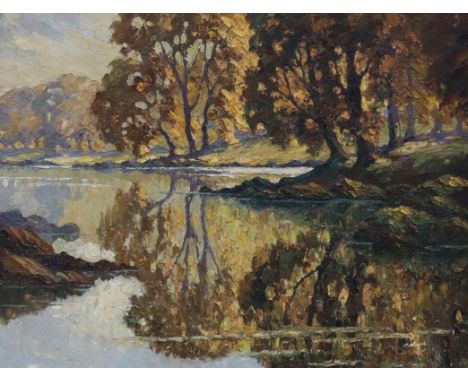 Roland Ossary Dunlop (1894-1973), oil on board, 'Autumn river landscape', signed, 35 x 45cm