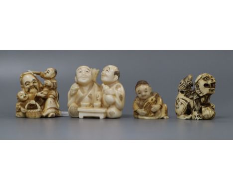 Four Japanese ivory netsuke, early 20th century, depicting figures and a shi-shi 3.2cm - 4.7cm