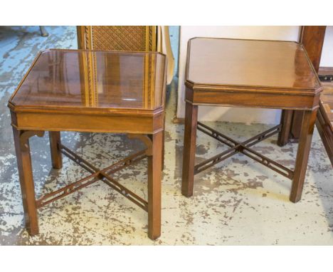 LAMP TABLES, a pair, Georgian style mahogany with canted corner square and glass inset tops, 54cm H x 53cm W. (2)